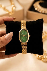 Vintage Emerald Green Oval Dial Watch | Anti-Tarnish Gold Plated