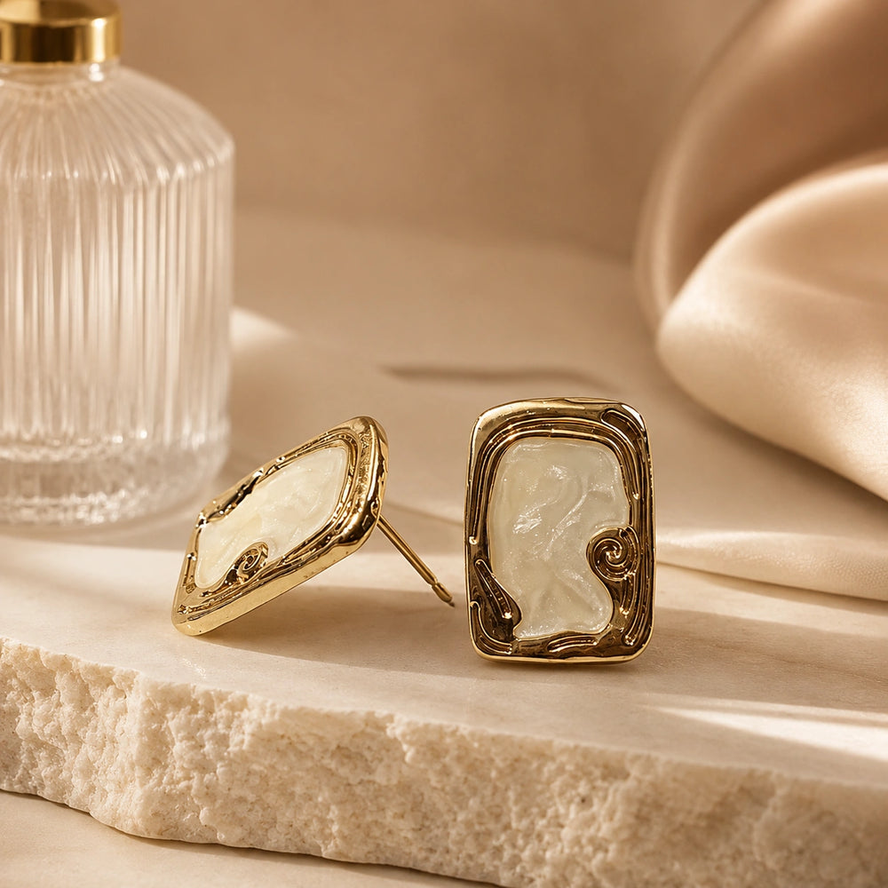 Vintage Pearl Inlay Rectangular Stud Earrings - Gold Plated