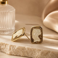 Vintage Pearl Inlay Rectangular Stud Earrings - Gold Plated