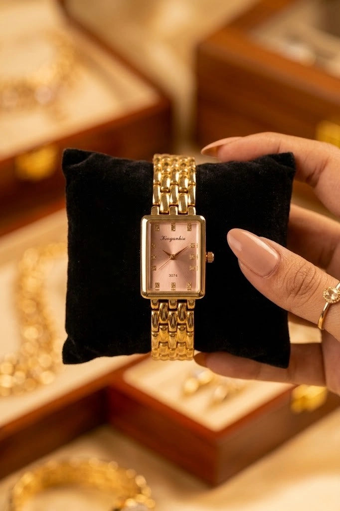 Vintage Rectangular Gold Plated Watch - Blush Dial | Anti-Tarnish