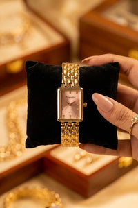 Vintage Rectangular Gold Plated Watch - Blush Dial | Anti-Tarnish