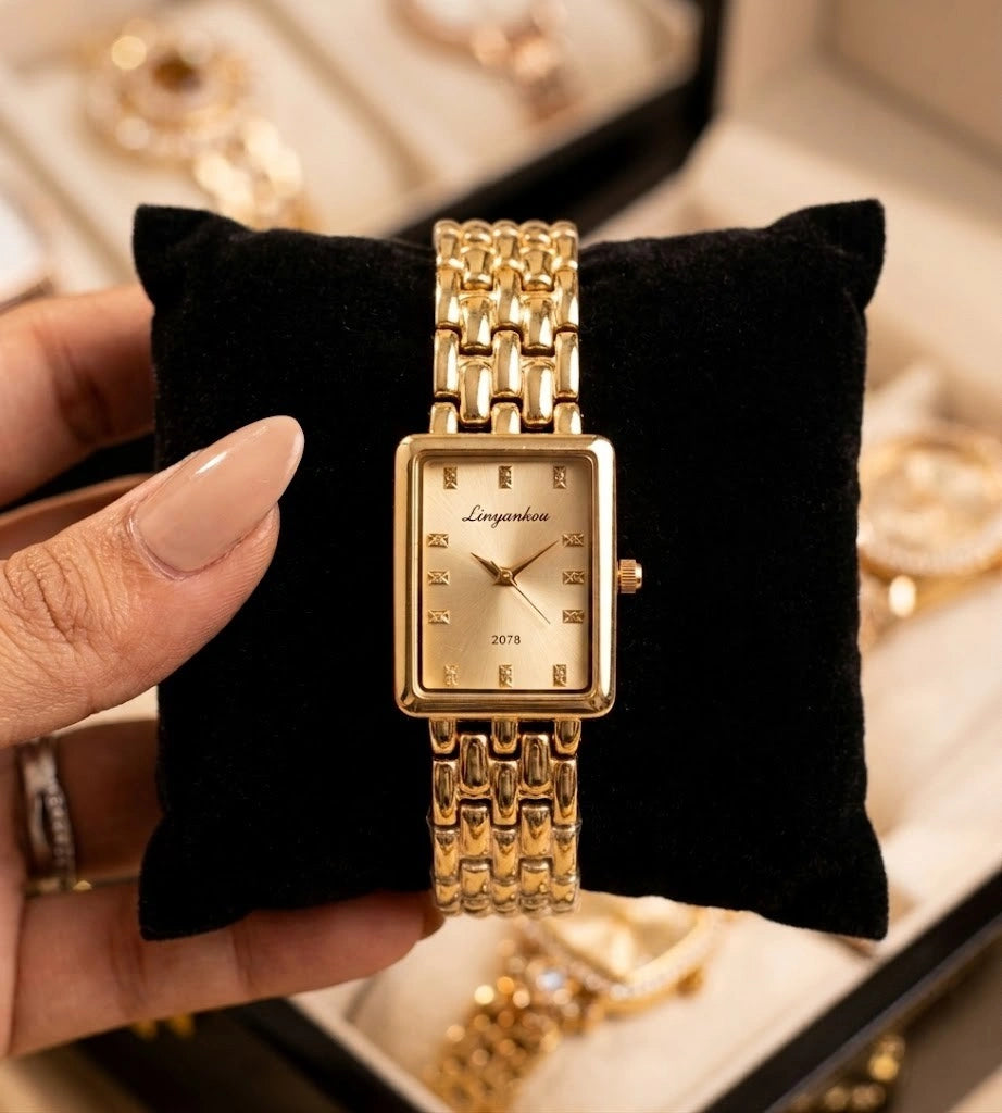 Vintage Rectangular Gold Plated Watch - Anti Tarnish | Classic Timepiece for Women