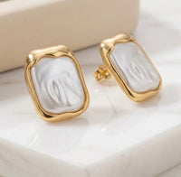 Baroque Pearl Earrings - Rectangular Gold Framed Vintage Studs for Women