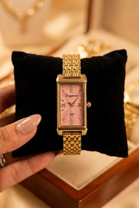 Vintage Rectangular Pink Dial Watch | Anti-Tarnish Gold Plated