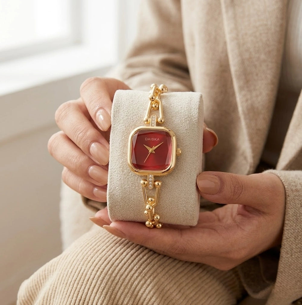 Square Red Dial Minimalist Wrist Watch - Anti-Tarnish Gold Plated