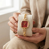 Square Red Dial Minimalist Wrist Watch - Anti-Tarnish Gold Plated