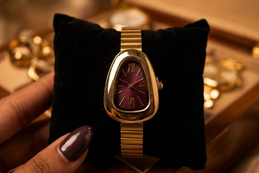 Vintage Serpentine Gold Plated Watch - Deep Burgundy Dial