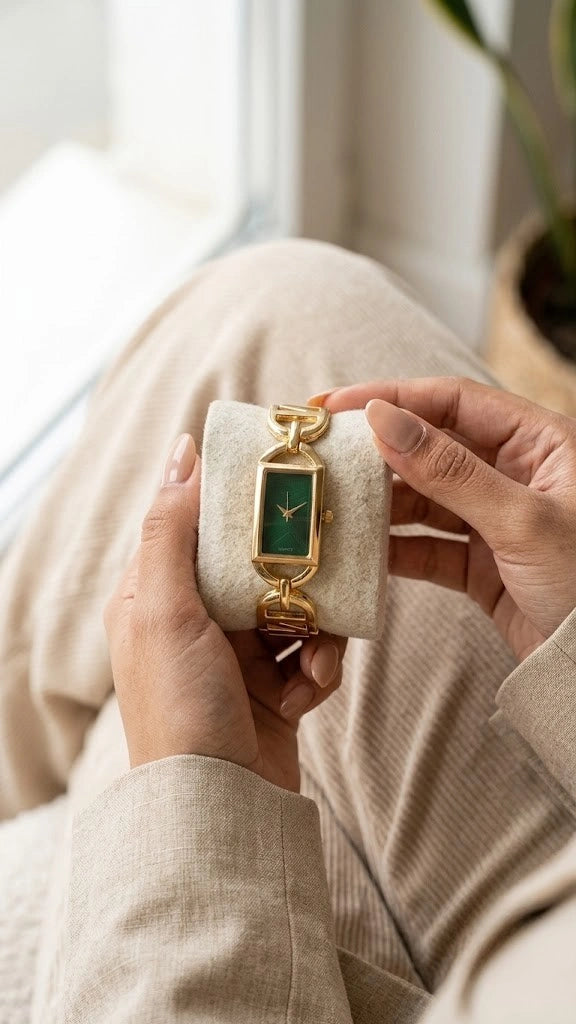 Emerald Green Vintage Dial Watch - Anti-Tarnish Gold Plated | Moncheri Jewels