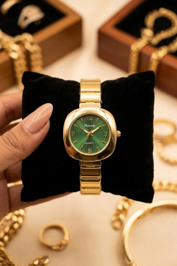 Emerald Green Dial Anti-Tarnish Gold Plated Vintage Watch | Women's Square Dial Timepiece