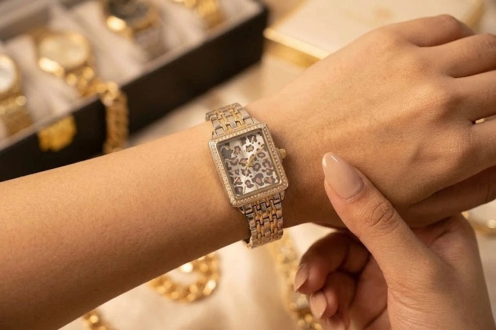 Vintage Aesthetic Leopard Print Dial Rectangular Watch - Anti-Tarnish Gold Plated Dual Tone Luxury Timepiece