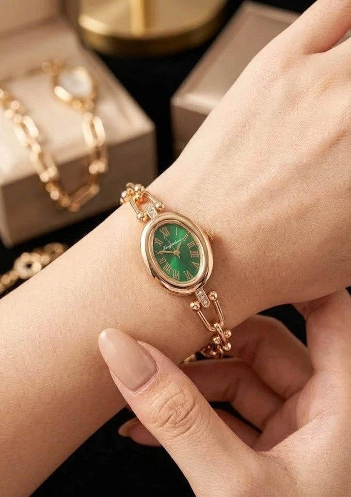 Vintage Emerald Green Oval Watch - Anti-Tarnish Gold Plated