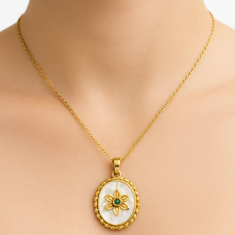 Anti Tarnish Floral White Oval Pendant Necklace - Premium Gold Plated