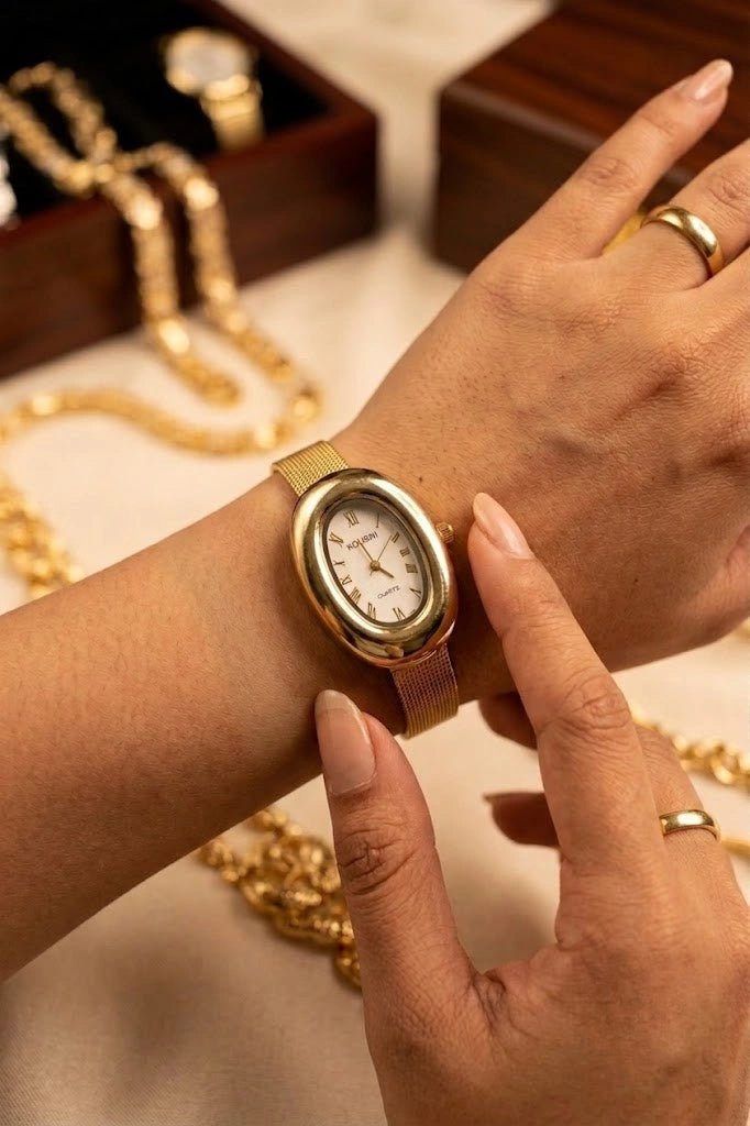 Vintage Oval Dial Anti-Tarnish Gold Plated Mesh Watch - Koushi | Moncheri Jewels
