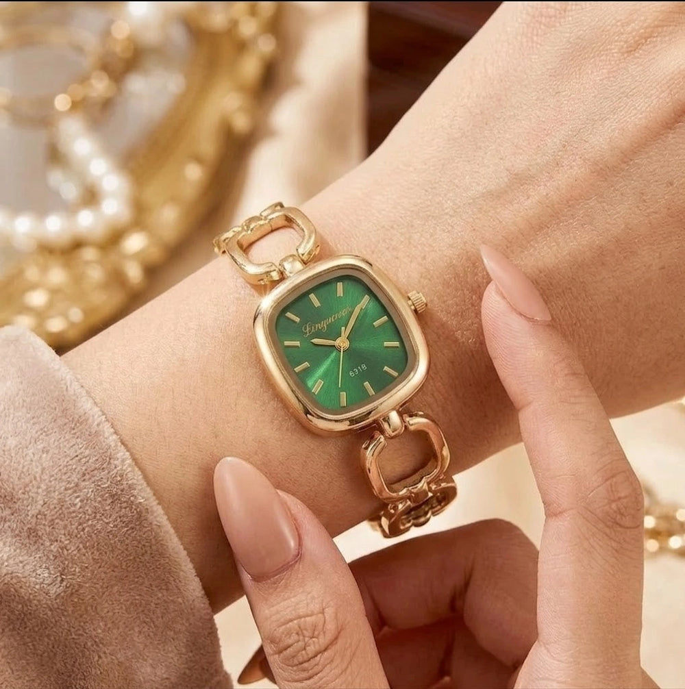 Vintage Emerald Green Dial Chain Watch - Anti-Tarnish Gold Plated