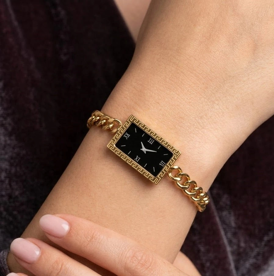 Vintage Rectangular Black Dial Watch Bracelet - Anti-Tarnish Gold Plated ( Dummy Watch )
