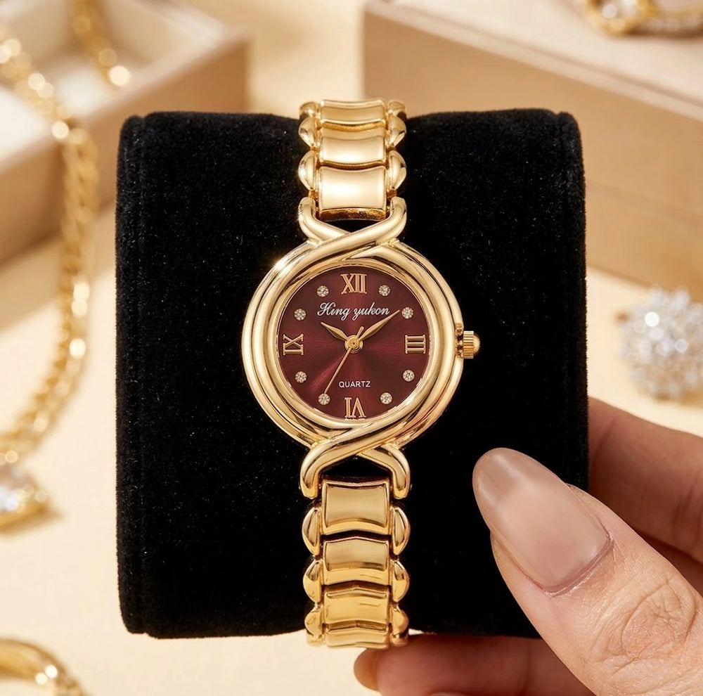 Elegant Maroon Dial Anti-Tarnish Gold Plated Women's Watch