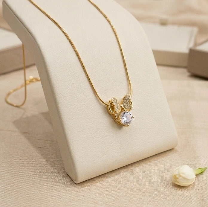Anti-Tarnish Gold Plated Crystal Bow Pendant Necklace
