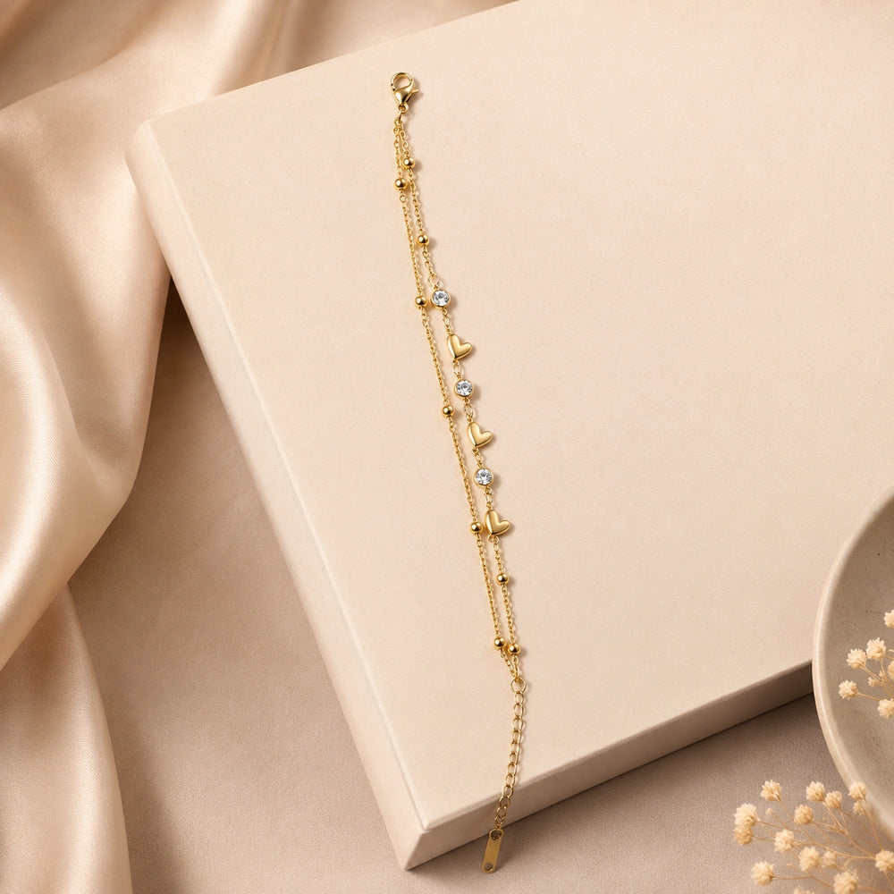 Double Layer Heart Charm Bracelet - Anti Tarnish Gold Plated