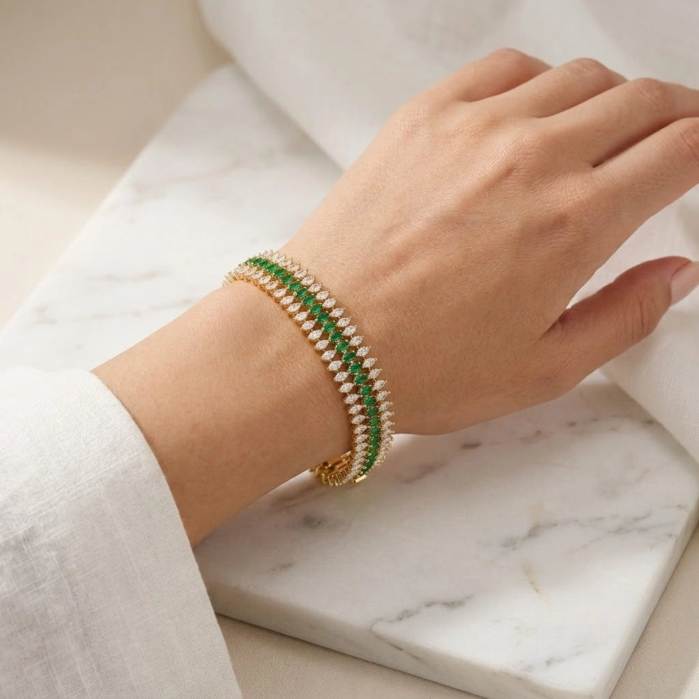 Emerald Green Marquise Stone Anti-Tarnish Gold-Plated Tennis Bracelet