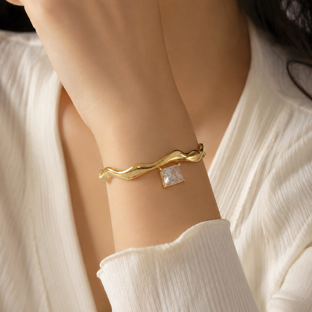 Wavy Square Crystal Cuff Bracelet - Anti Tarnish Gold Plated