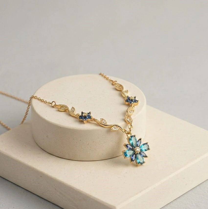 Blue Crystal Floral Vine Anti Tarnish Gold Plated Necklace-Tulip