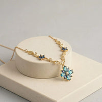 Blue Crystal Floral Vine Anti Tarnish Gold Plated Necklace-Tulip
