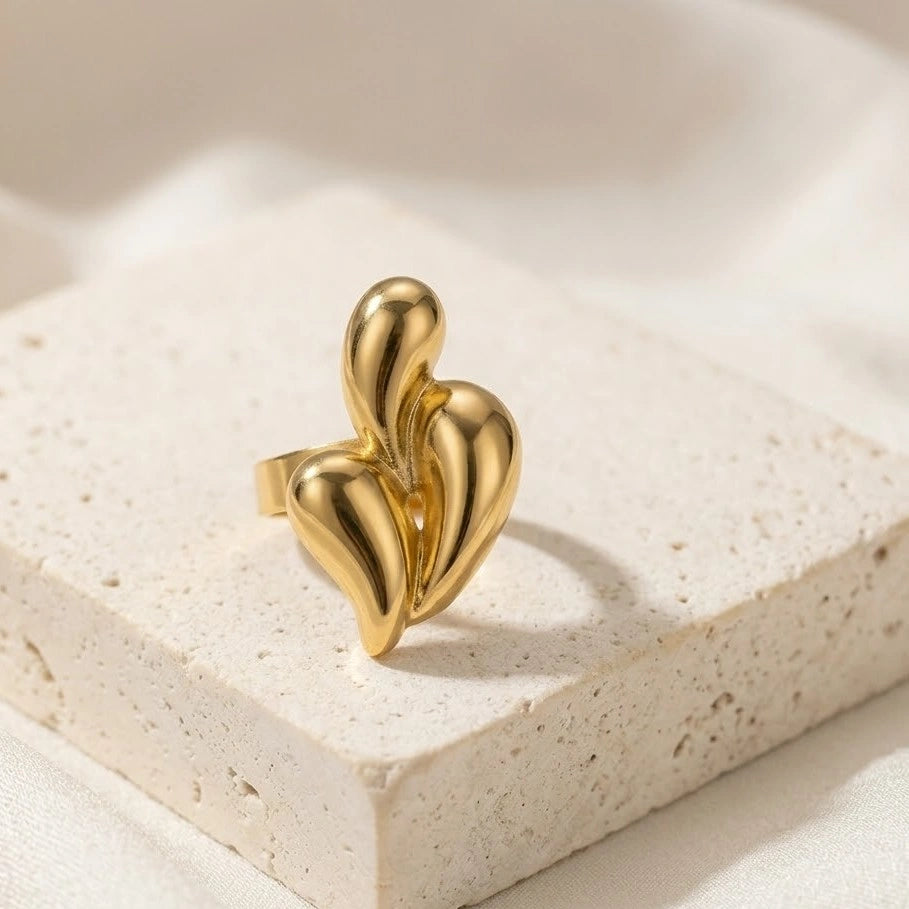 Triple Droplet Heart Anti-Tarnish Ring - 18K Gold Plated Adjustable Ring
