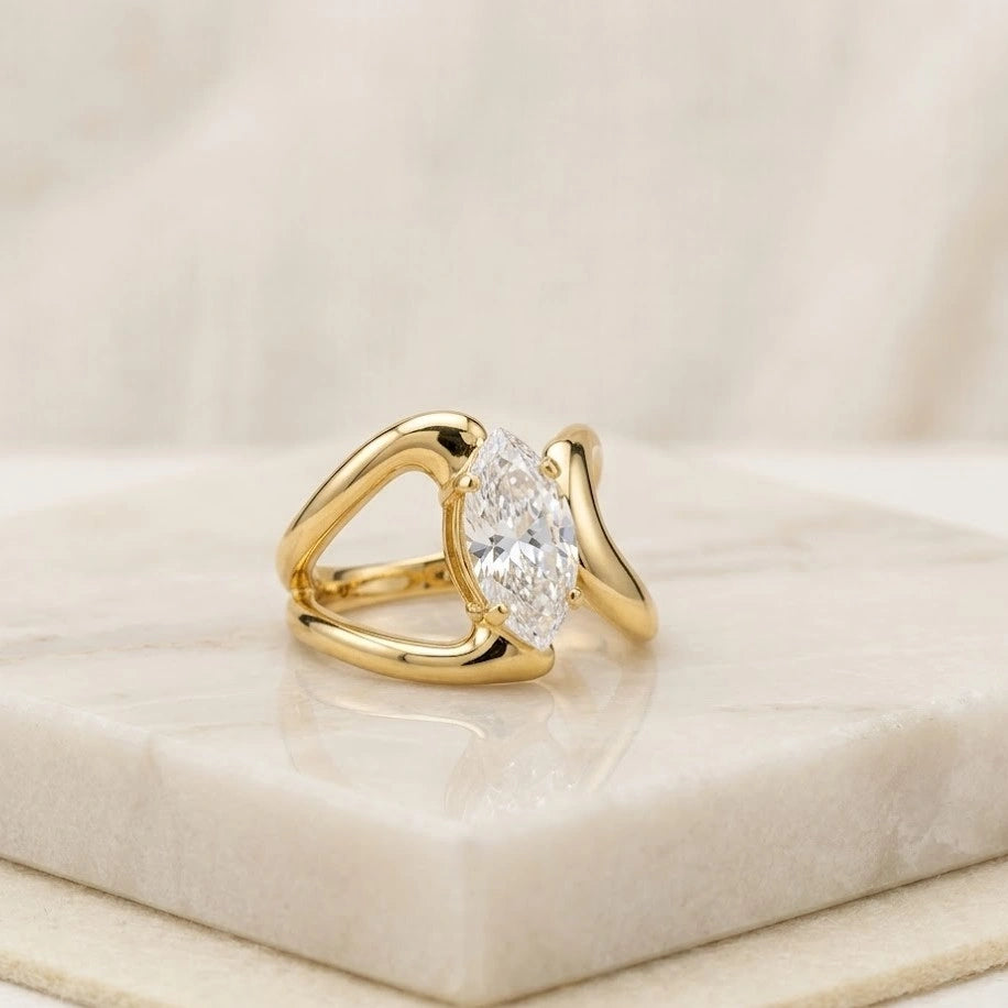 Modern Curve Crystal Statement Ring - Anti Tarnish Gold Plated