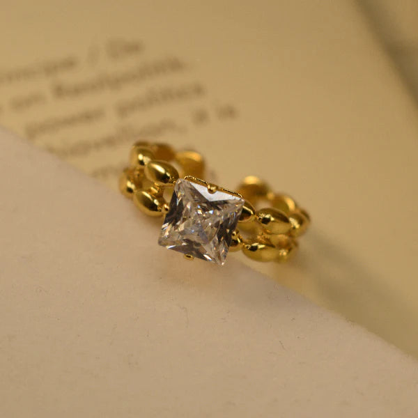 Princess Cut Square Stone Ring with Double Beaded Band | Anti-Tarnish
