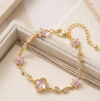 Tulip Pink Blossom Flower Crystal Anti Tarnish Gold Plated Bracelet
