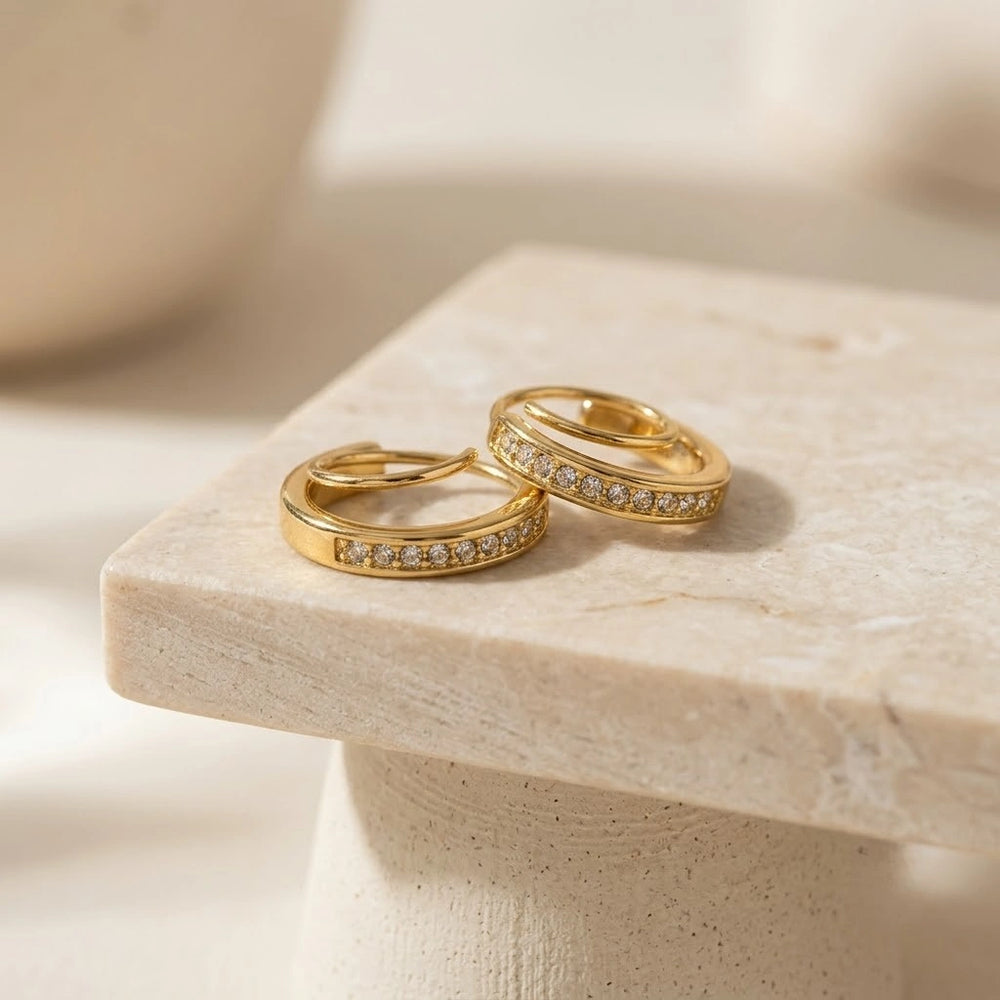 Layered Double Hoop Zirconia Earrings - Anti Tarnish Gold Plated