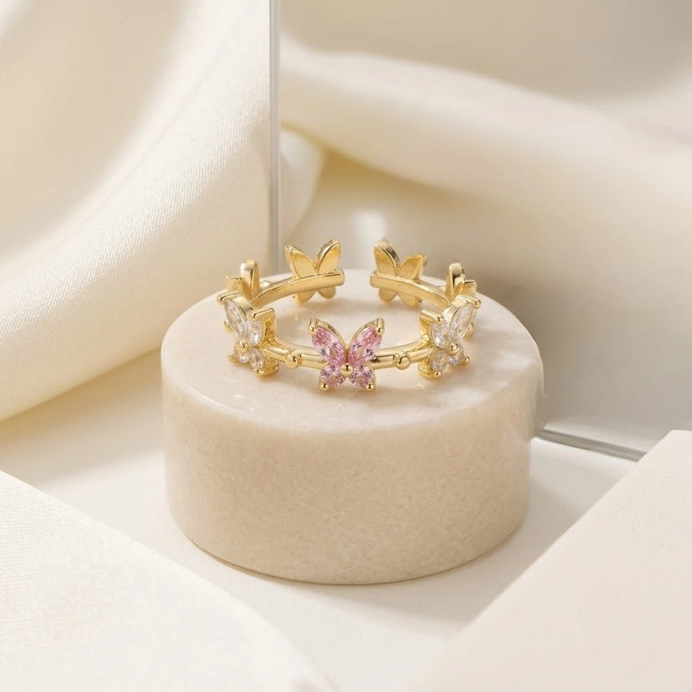Adjustable Pink Butterfly Ring | Anti-Tarnish Gold Plated