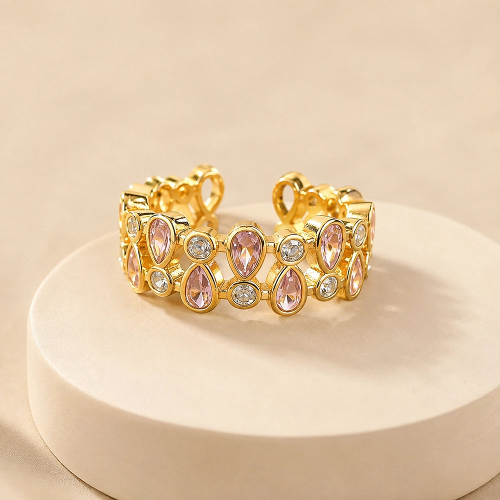 Pink Teardrop Crystal Adjustable Ring - Anti Tarnish Gold Plated