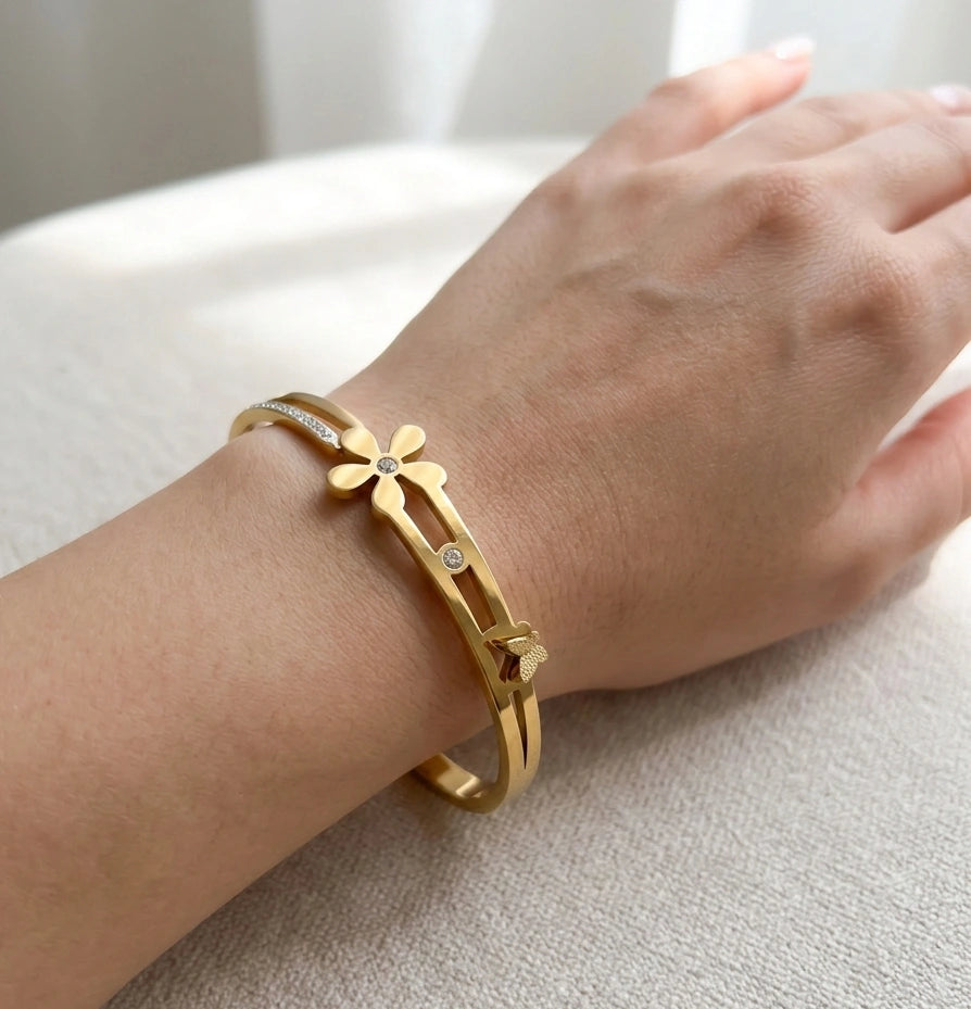 Korean Floral Anti-Tarnish Gold Plated Bracelet - Stainless Steel Waterproof Bangle