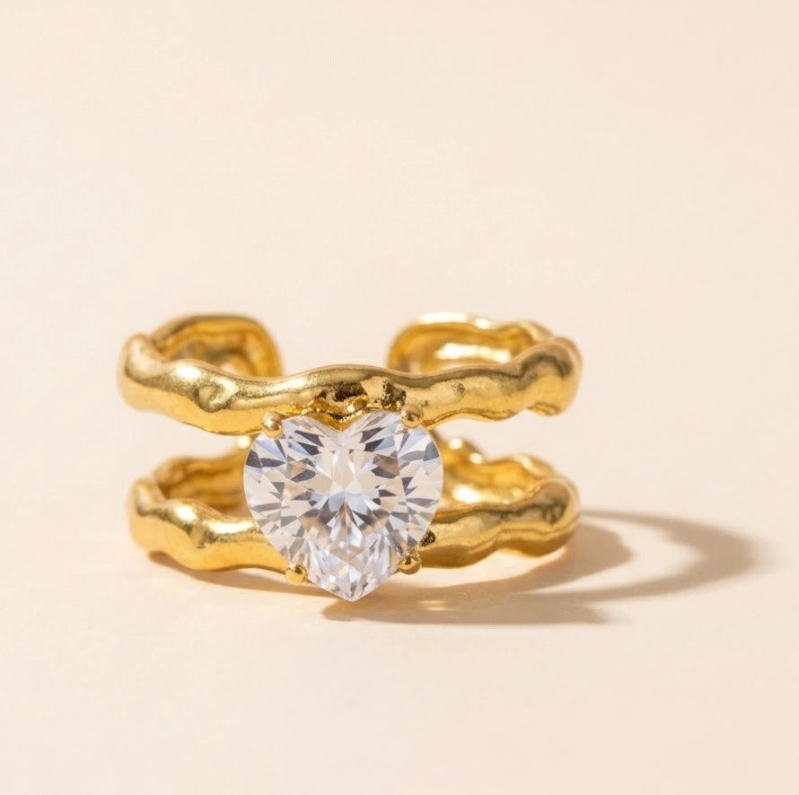 Heart Shaped Double Band Ring - Anti-Tarnish Gold Plated Adjustable Ring