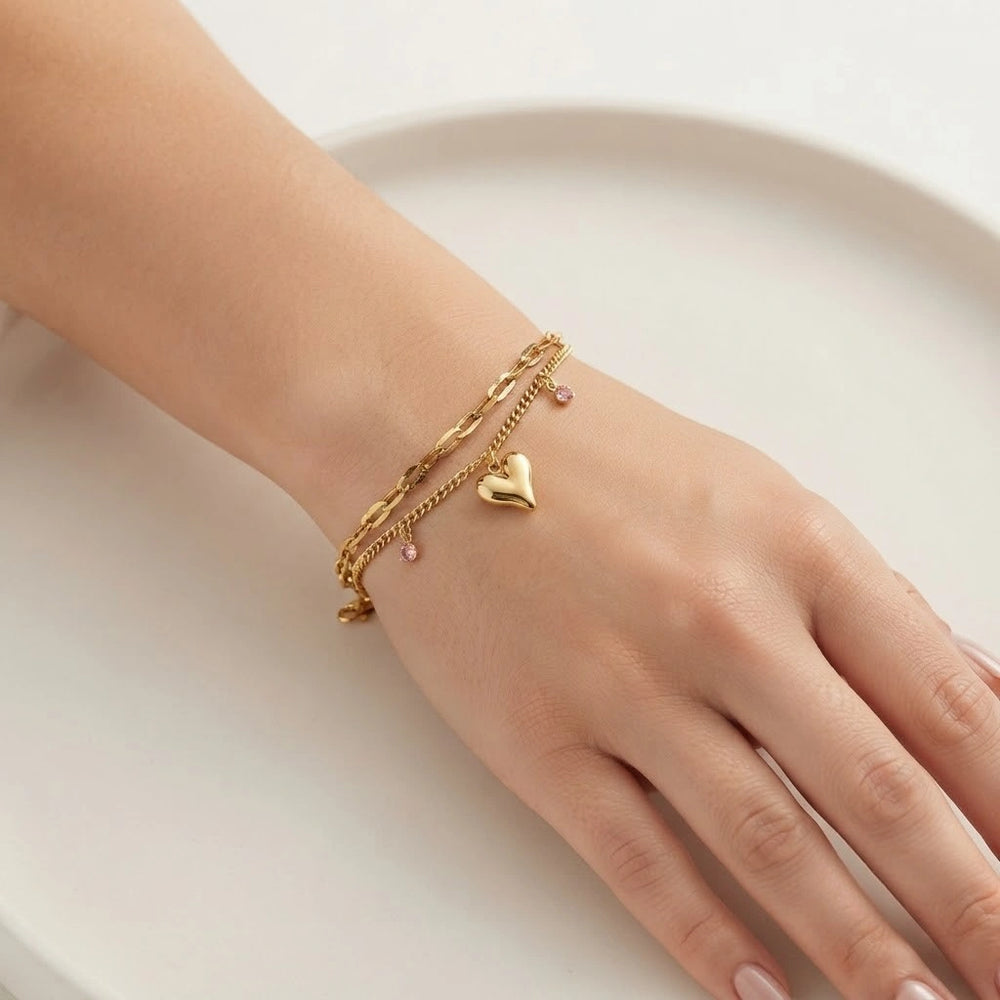 Korean Double Layer Heart & Pink Gem Anti Tarnish Gold Plated Bracelet