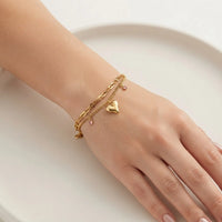 Korean Double Layer Heart & Pink Gem Anti Tarnish Gold Plated Bracelet