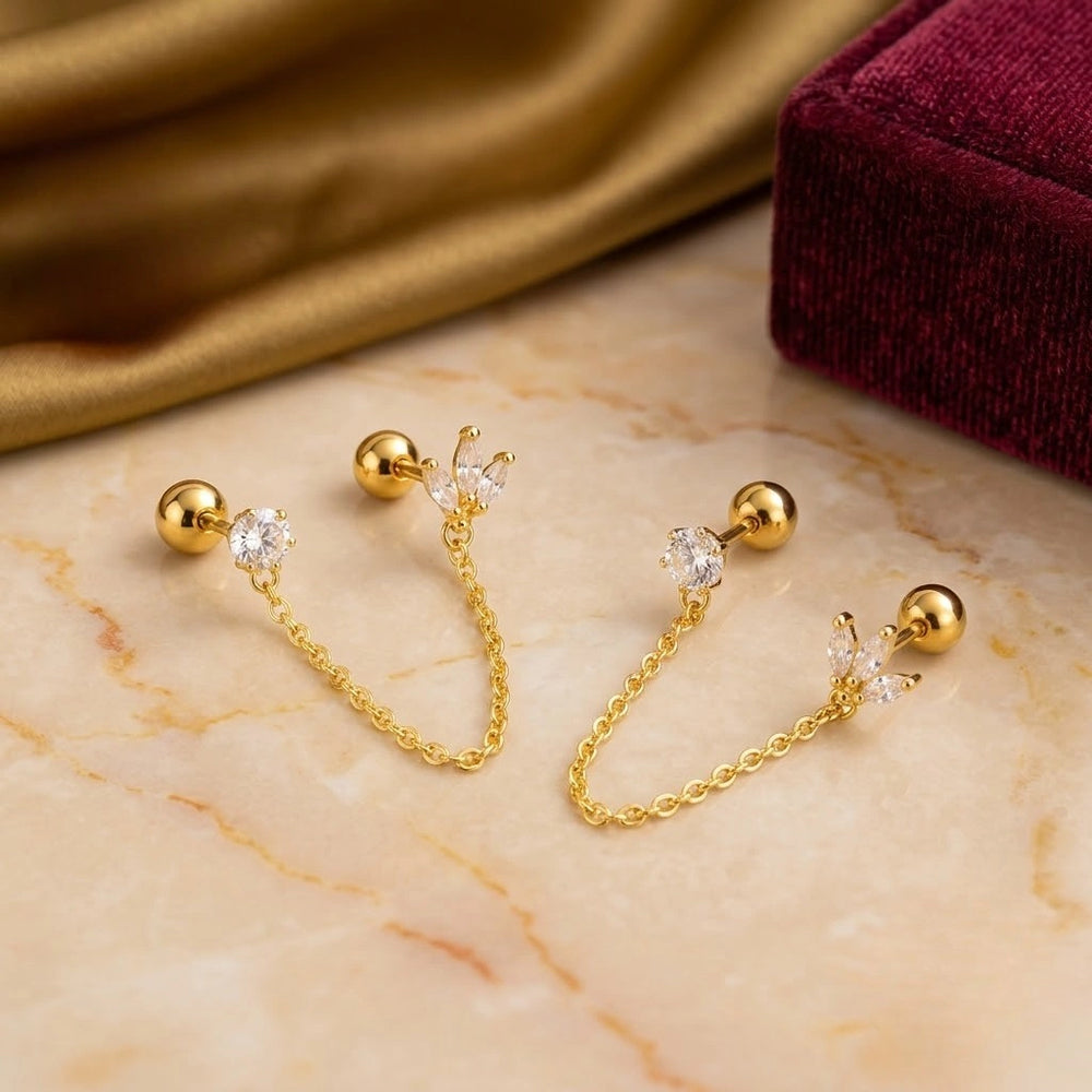 Double Piercing Chain Earrings - Anti Tarnish 18K Gold Plated CZ Marquise Helix to Lobe Studs