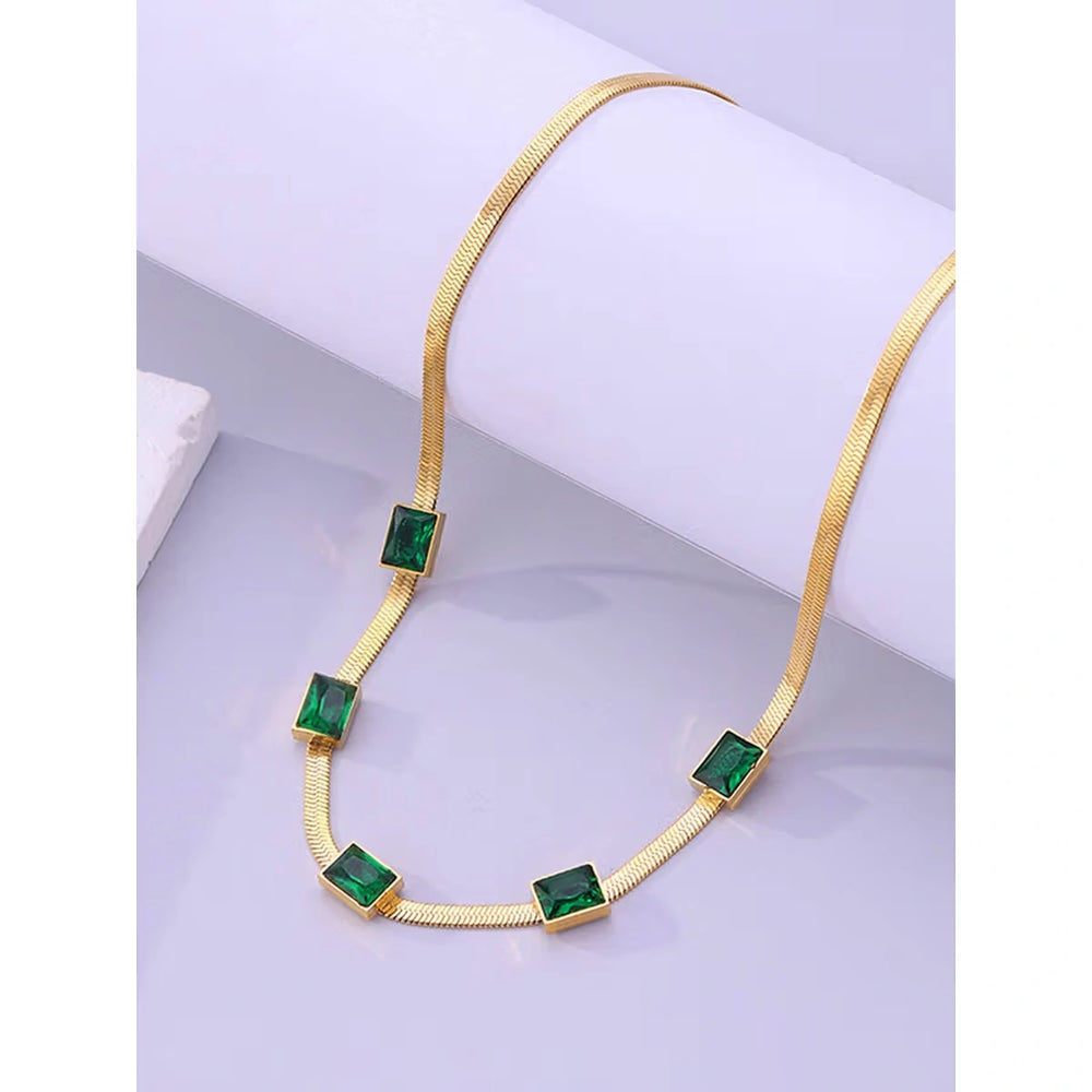 Emerald Green Stone Gold Plated Snake Chain Necklace | Anti-Tarnish