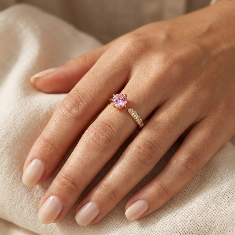 Pink Crystal Adjustable Ring | Anti Tarnish Gold Plated Korean Minimalist
