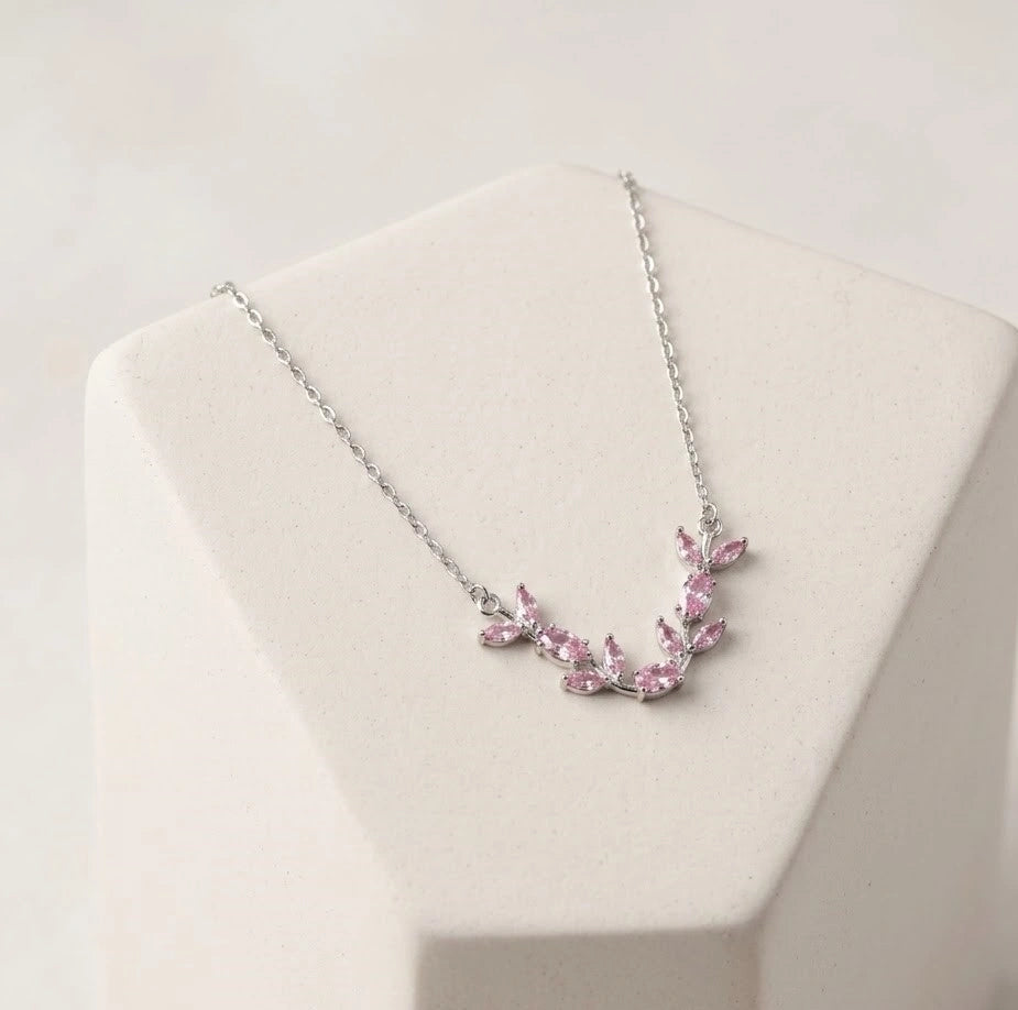 Pink Floral Vine Anti-Tarnish Necklace | Minimalist Leaf Design