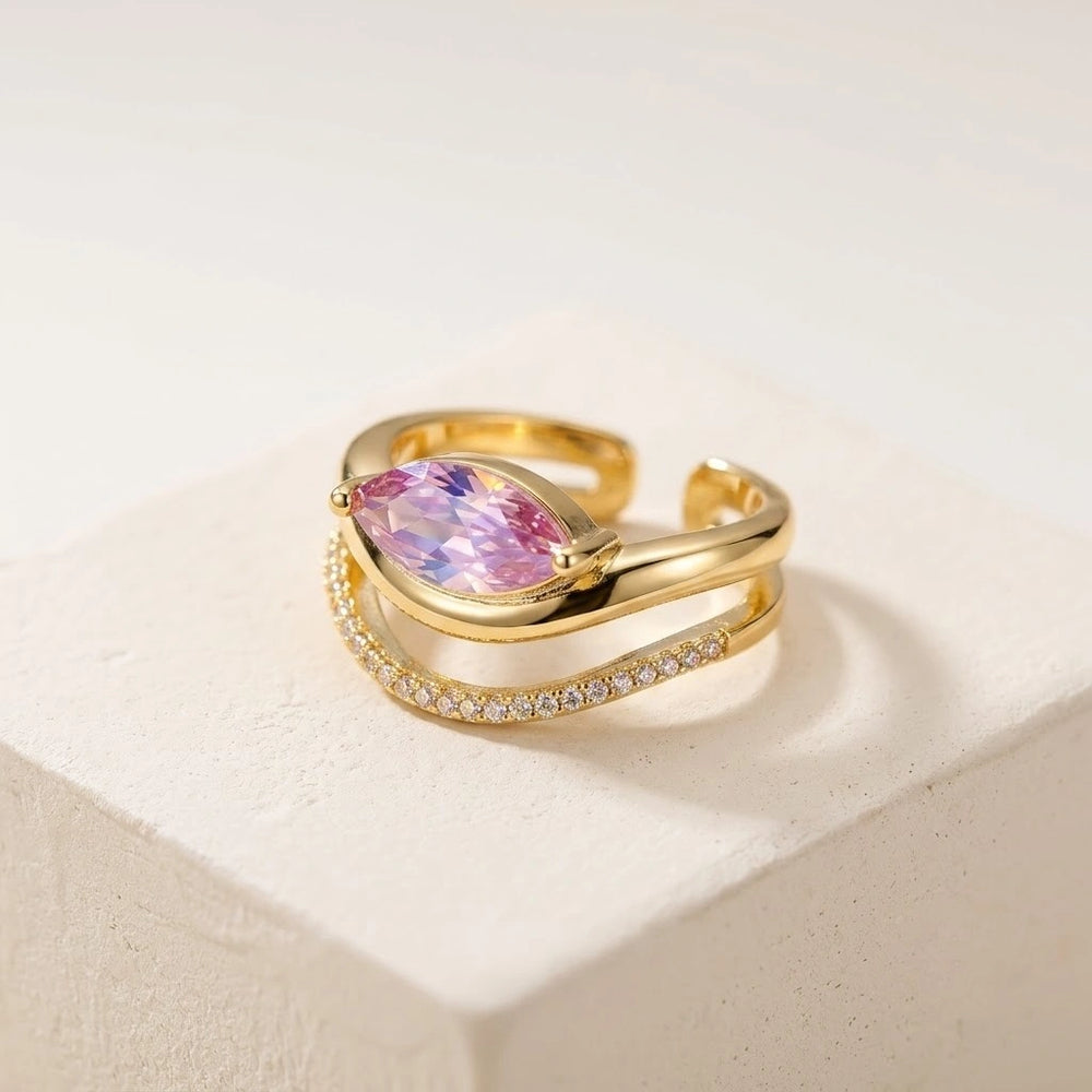 Pink Marquise Crystal Wave Ring – Anti Tarnish  Gold Plated Adjustable Ring