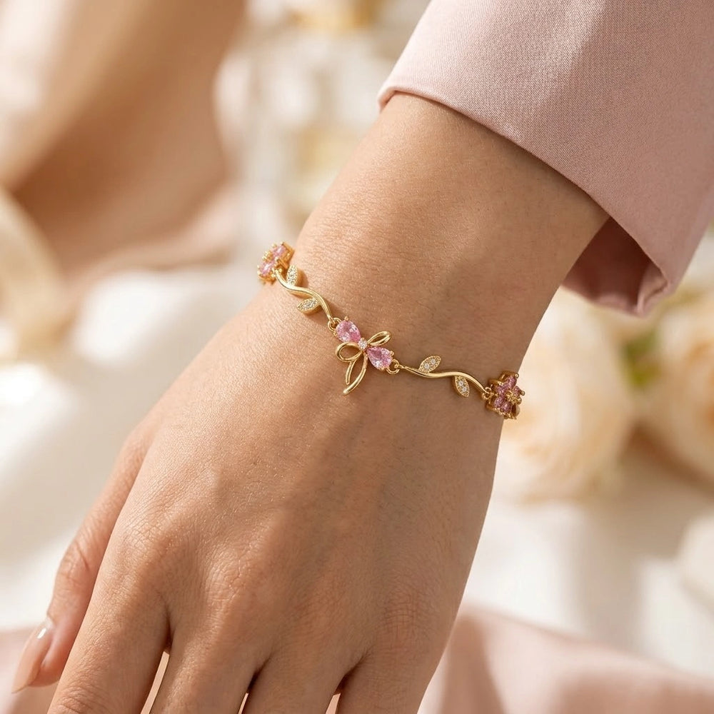 Pink Floral Bow Bracelet - Anti Tarnish Gold Plated