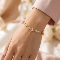 Pink Floral Bow Bracelet - Anti Tarnish Gold Plated