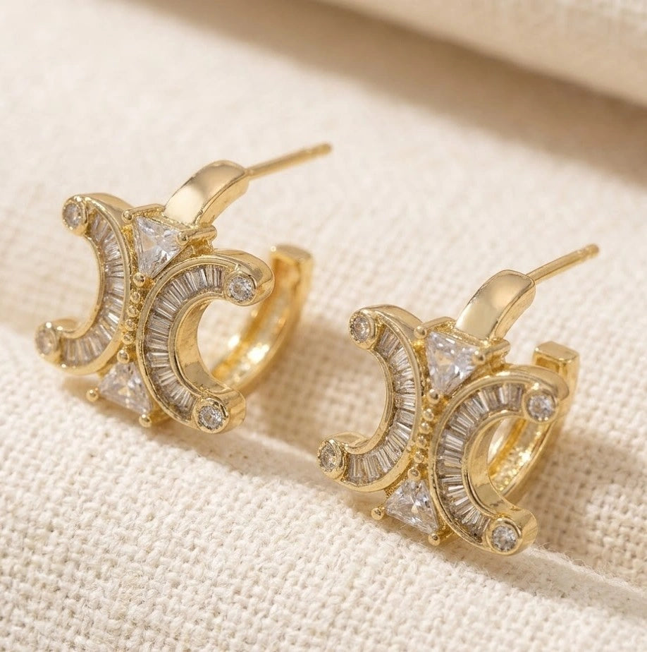 Crystal C-Shape Stud Earrings in Gold | High-Quality Fashion Jewelry