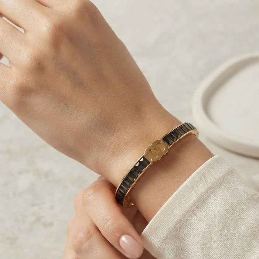 Black Crystal Statement Logo Cuff - Anti Tarnish Gold Plated Bracelet