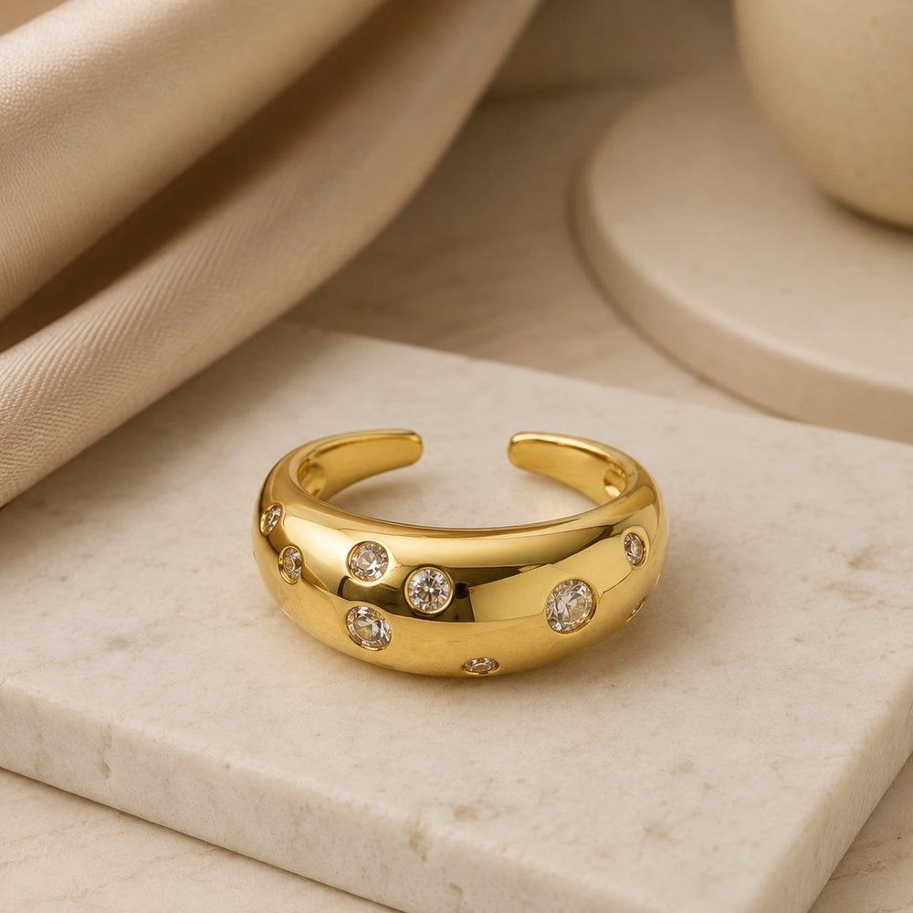 Chunky Dome Scattered Crystal Ring | Anti Tarnish Gold Plated Adjustable Ring