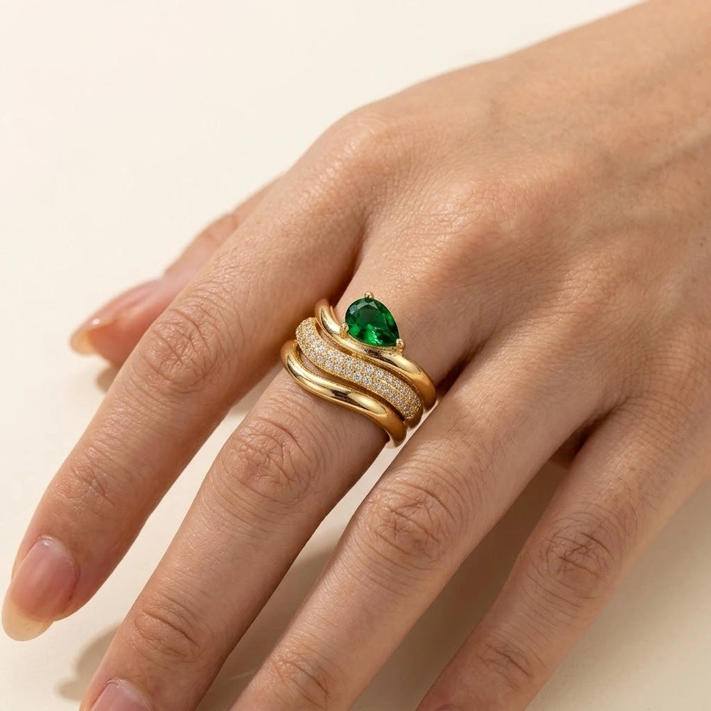 Emerald Green Teardrop Multi-Layer Statement Ring | Anti-Tarnish Gold-Plated