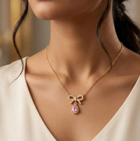 Coquette Bow & Pink Teardrop Necklace - Anti Tarnish Gold Plated