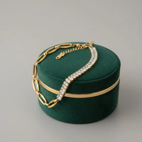 Half Tennis Half Paperclip Chain Bracelet - Anti-Tarnish Gold Plated Crystal Wristwear